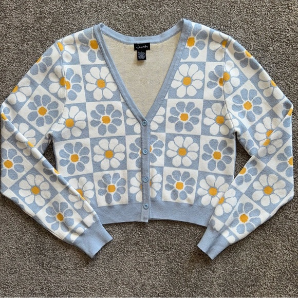 Justify Blue and Yellow Floral Grid Pattern Women's Cardigan Sweater Large - Picture 3 of 9